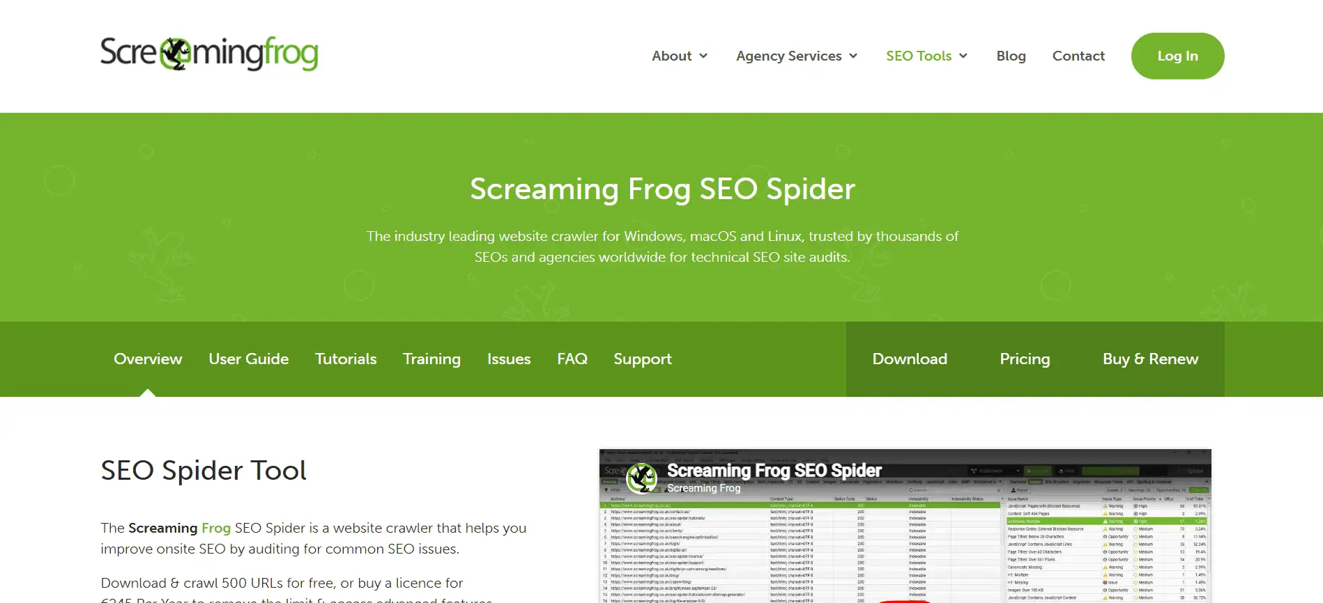 Screaming Frog SEO Spider technical audit interface