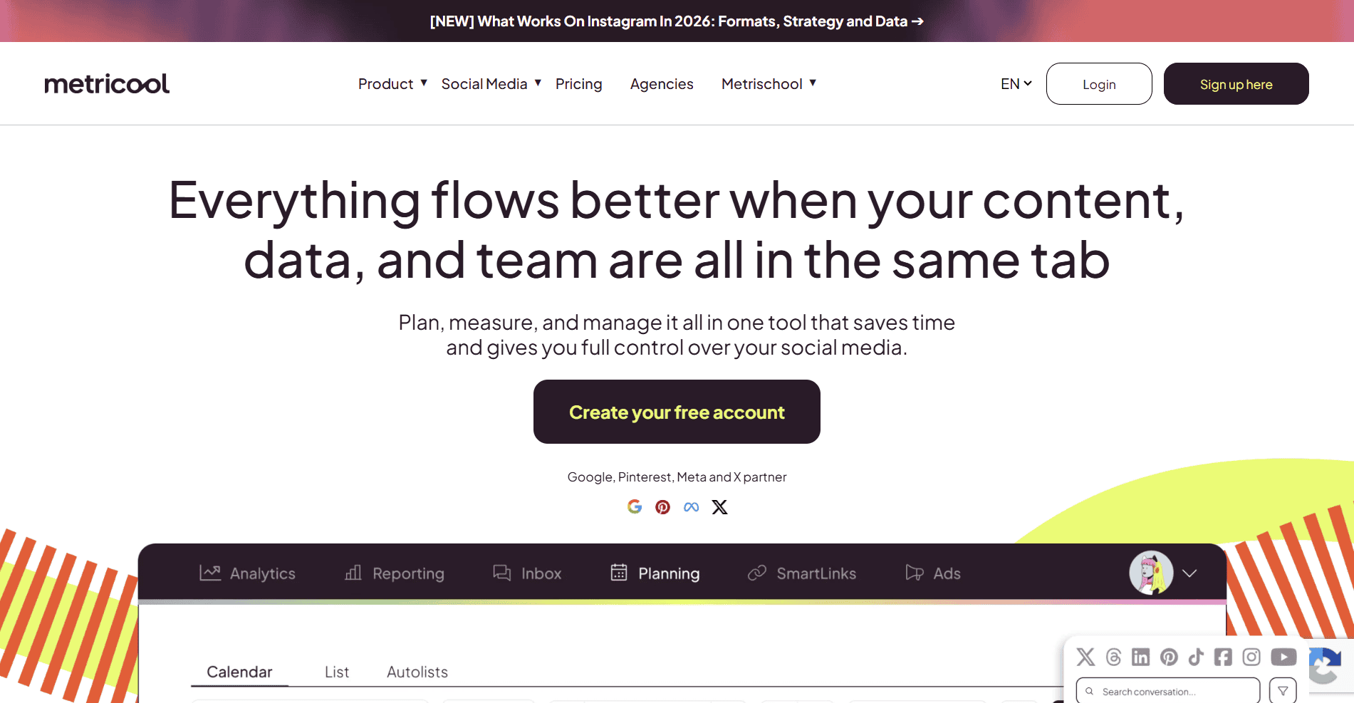 Metricool analytics dashboard and competitor tracking
